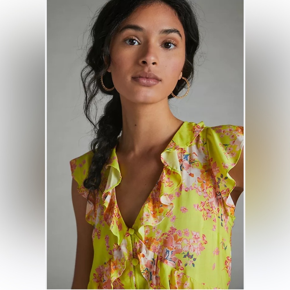 Maeve Anthropologie lime Yellow Floral Ruffle Button Front Blouse Top Size 10